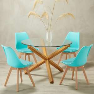 Opteron Round Glass Dining Table With 4 Livre Aqua Chairs