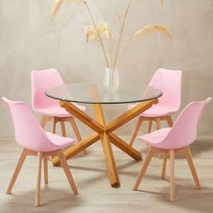 Opteron Round Glass Dining Table With 4 Livre Pink Chairs
