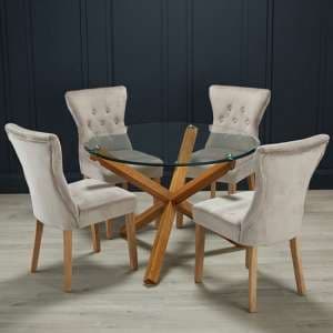 Opteron Round Glass Dining Table With 4 Nipas Champagne Chairs
