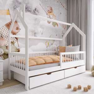 Orem Storage Wooden Single Bed In White With Foam Mattress - UK
