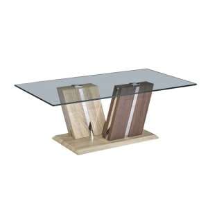 Oreo Glass Coffee Table In Clear With Light And Dark Wood Base