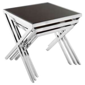 Orion Black Glass Top Nest Of 3 Tables With Cross Chrome Frame