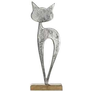 Oro Aluminium Cat Luna On Wood Base Sculpture Large In Silver - UK