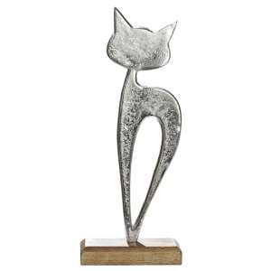 Oro Aluminium Cat Luna On Wood Base Sculpture Small In Silver - UK