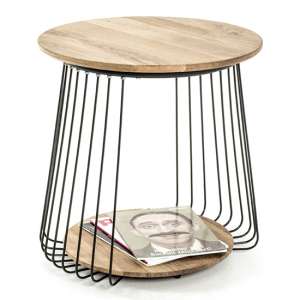Orono Round Wooden Side Table In Oak With Black Metal Frame - UK