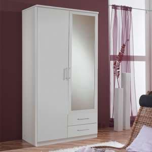 Osaka Mirrored Wooden Wardrobe In White With 2 Drawers