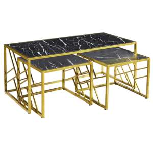 Oslo Gloss Coffee Table And Side Tables In Black With Gold Frame - UK