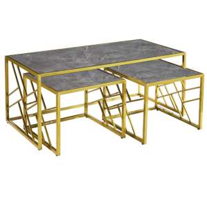 Oslo Gloss Coffee Table And Side Tables In Grey With Gold Frame - UK