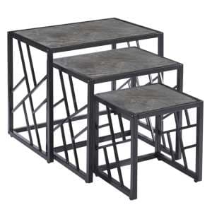 Oslo Gloss Nest Of 3 Tables In Grey Marble Effect Black Frame - UK
