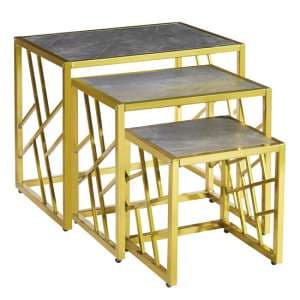 Oslo Gloss Nest Of 3 Tables In Grey Marble Effect Gold Frame - UK