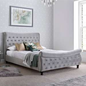 Orem Velvet Chesterfield Sleigh Double Bed In Grey - UK