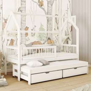 Pago Trundle Wooden Single Bed In White With Bonnell Mattress - UK