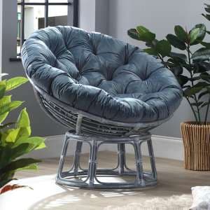 Palhoca Rattan Accent Chair In Grey With Velvet Blue Cushion - UK