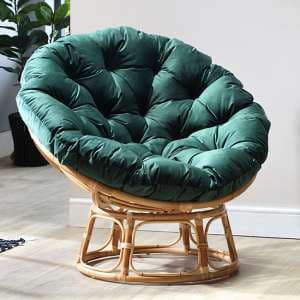 Palhoca Rattan Accent Chair In Natural With Velvet Green Cushion - UK