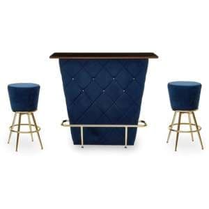 Paradise Wooden Bar Table With 2 Midnight Blue Velvet Stools