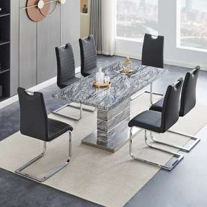 Parini Extendable Melange High Gloss Dining Table 6 Black Chairs