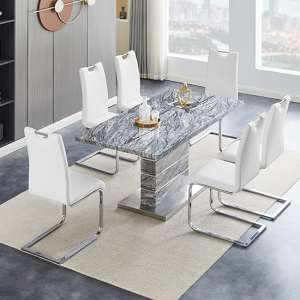 Parini Extendable Melange High Gloss Dining Table 6 White Chairs