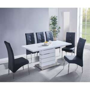 Parini Extending White Gloss Dining Table 6 Vesta Black Chairs - UK