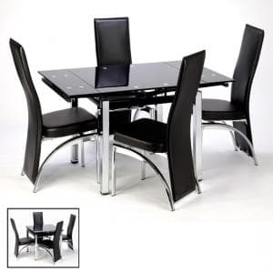 Paris Extendable Glass Dining Table In Black And 4 Romeo Chairs