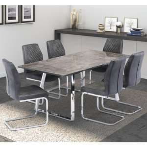 Paroz Grey Glass Top Dining Table With 6 Caprika Grey Chairs