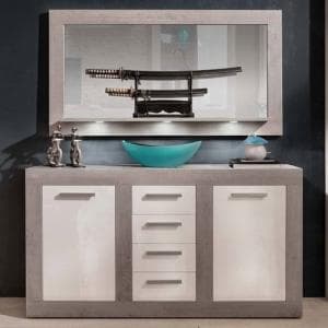 Parker Sideboard And Mirror In Concrete And White Gloss With LED - UK