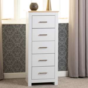 Parnu Wooden Chest Of 5 Drawers Narrow In White And Oak - UK