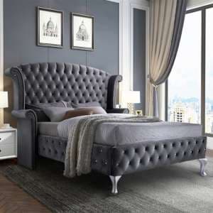 Pendleton Plush Velvet Upholstered Double Bed In Steel - UK