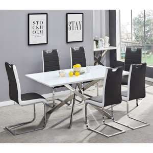 Petra Large White Glass Dining Table 6 Petra Black White Chairs