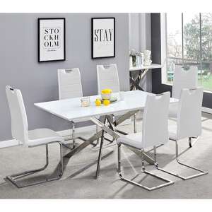 Petra Large White Glass Dining Table With 6 Petra White Chairs