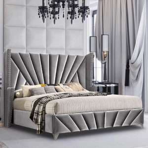 Pikeville Plush Velvet Double Bed In Grey - UK