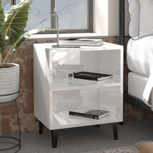Pilvi High Gloss Bedside Cabinet In White With Metal Legs - UK