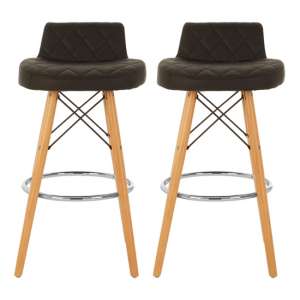 Porrima Black Faux Leather Bar Stools With Natural Legs In Pair - UK