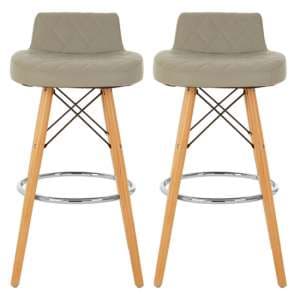 Porrima Grey Faux Leather Bar Stools With Natural Legs In Pair - UK