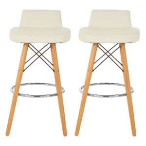 Porrima White Faux Leather Bar Stools With Natural Legs In Pair - UK