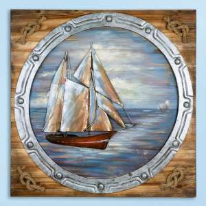 Porthole Picture Metal Wall Art In Blue And Natural - UK