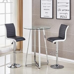 Poseur Glass Bar Table With 2 Ritz Black And White Bar Stools