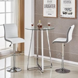 Poseur Glass Bar Table With 2 Ritz White And Grey Bar Stools