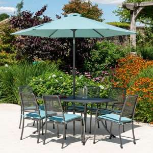 Prats Outdoor Dining Table With 6 Chairs And Parasol In Jade - UK