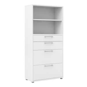 Prax Wooden Bookcase With 1 Shelf 4 Drawers In White - UK
