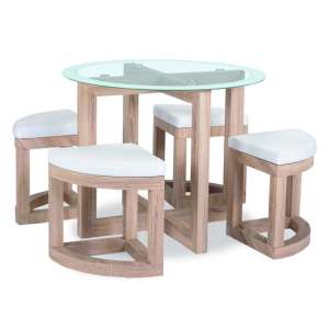 Qamra Glass Dining Table Set With 4 Stools In Beech Effect - UK