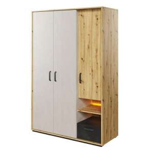 Quincy Kids Wooden Wardrobe With 3 Doors In Artisan Oak And LED - UK