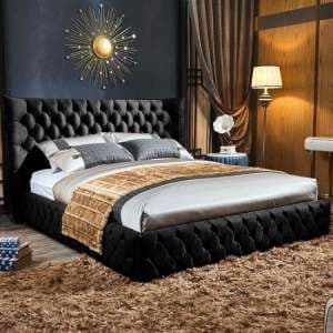 Radium Plush Velvet Upholstered Double Bed In Black - UK