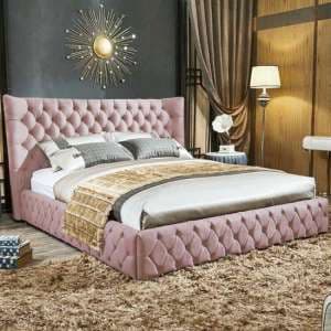 Radium Plush Velvet Upholstered Double Bed In Pink - UK