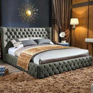 Radium Plush Velvet Upholstered Double Bed In Silver - UK