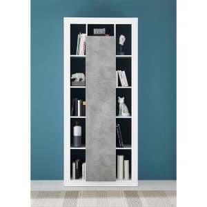 Raya High Gloss Bookcase With 1 Door In White Concrete Effect - UK