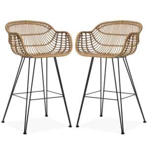 Refers Brown Poly Woven Rattan Carver Bar Chairs In Pair