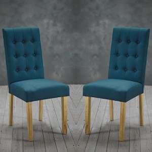 Remo Teal Fabric Dining Chairs With Wooden Legs In Pair - UK