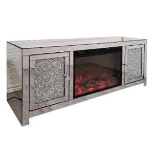 Reyn Crushed Glass TV Stand With Fire And 2 Doors In Mirrored
