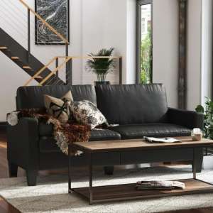 Riga Faux Leather 2 Seater Sofa In Black With Wood Pyramid Legs - UK
