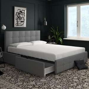 Rosen Linen Fabric Double Bed With Drawers In Grey